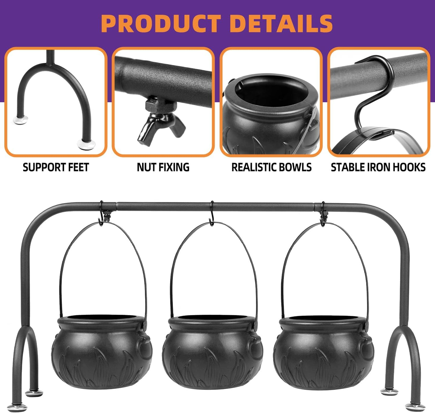 Halloween Decorations Indoor Set of 3 Witches Cauldron Candy Serving Bowls on Rack,